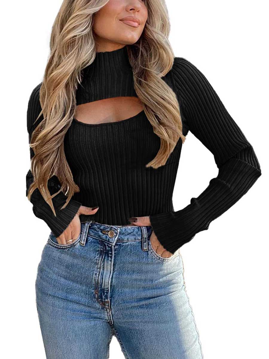 Bellevoga Sexy High Neck Loose Cutout Sweater