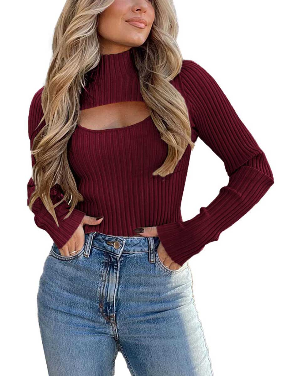 Bellevoga Sexy High Neck Loose Cutout Sweater