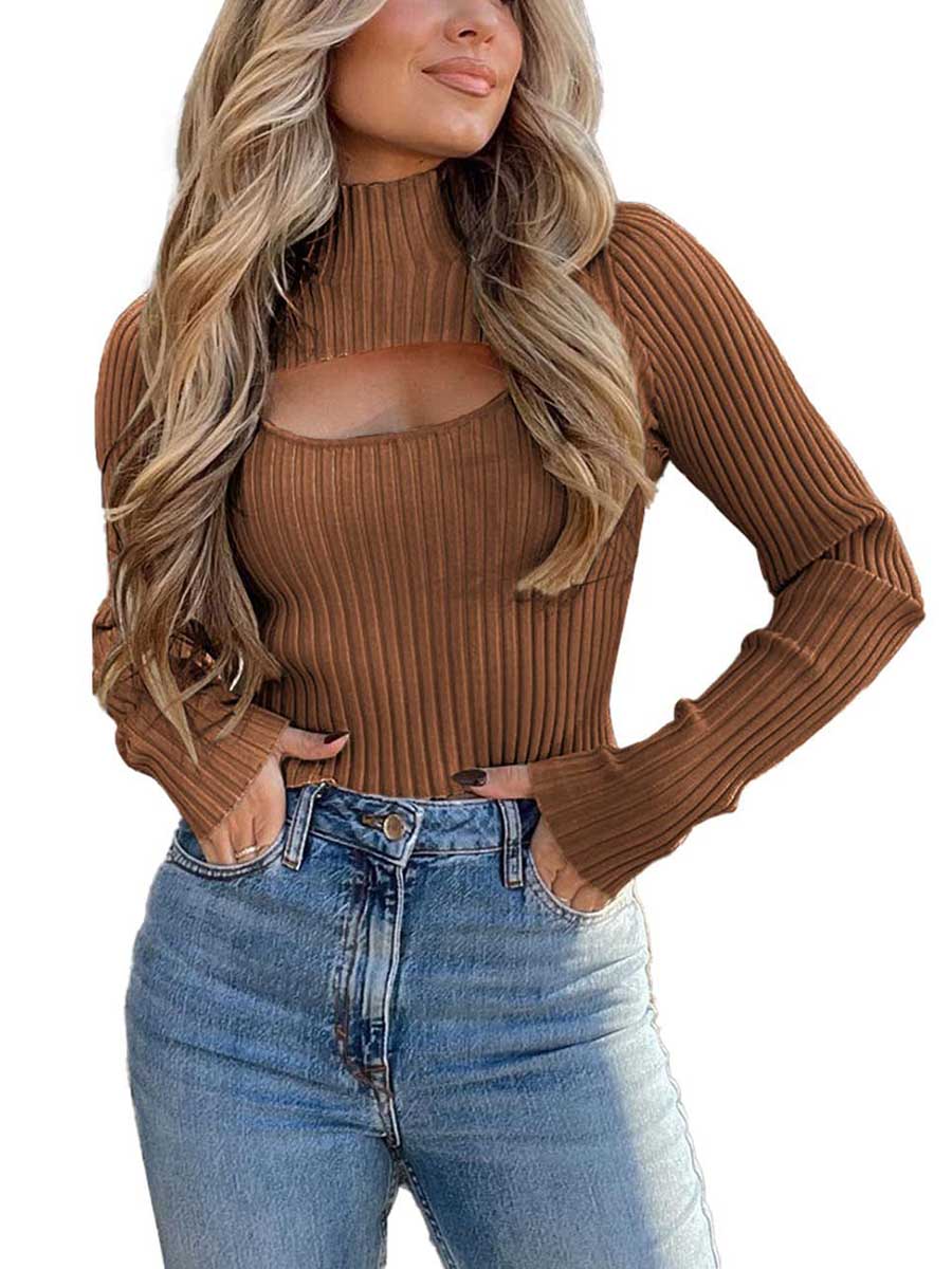 Bellevoga Sexy High Neck Loose Cutout Sweater