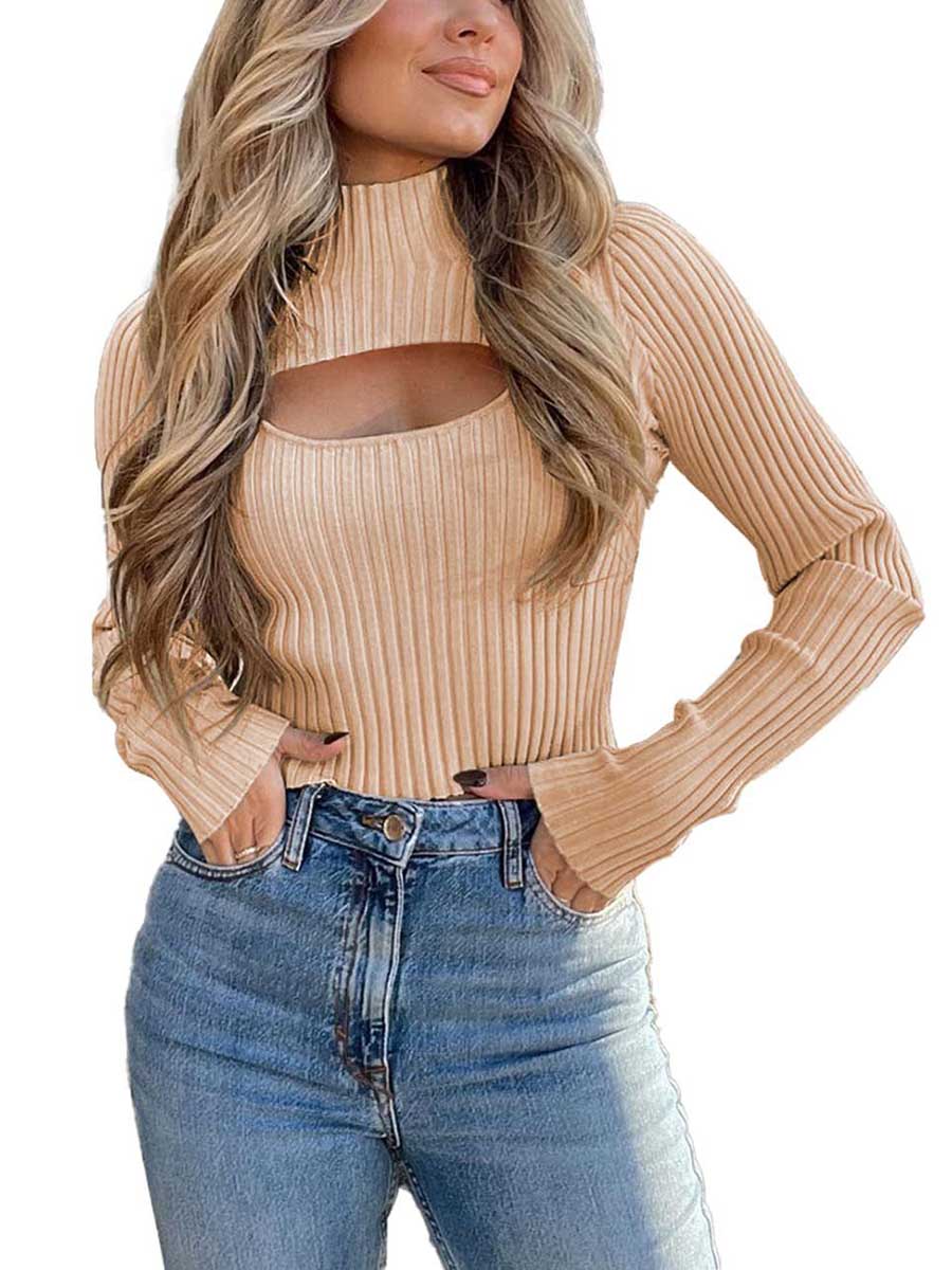 Bellevoga Sexy High Neck Loose Cutout Sweater