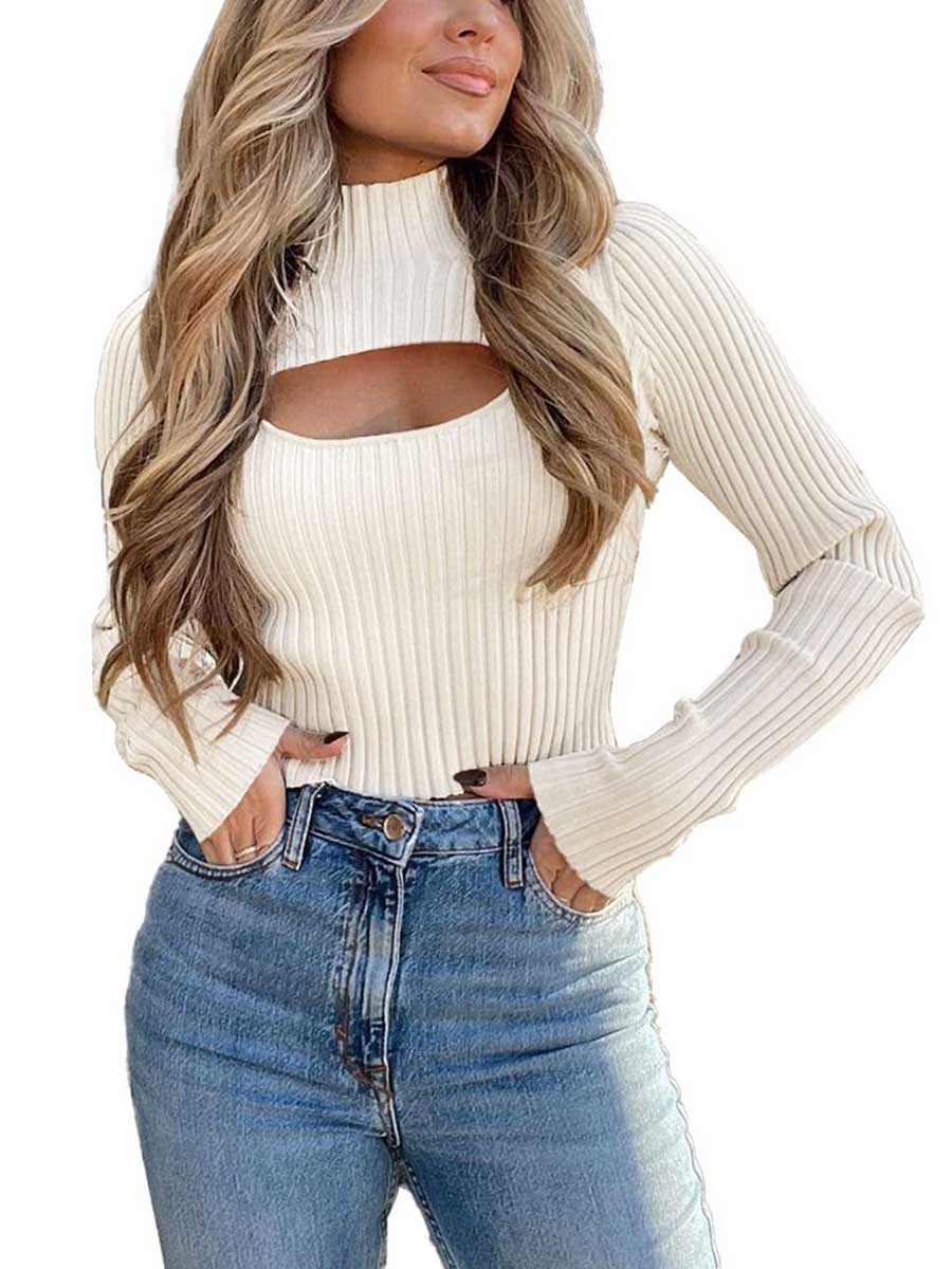 Bellevoga Sexy High Neck Loose Cutout Sweater