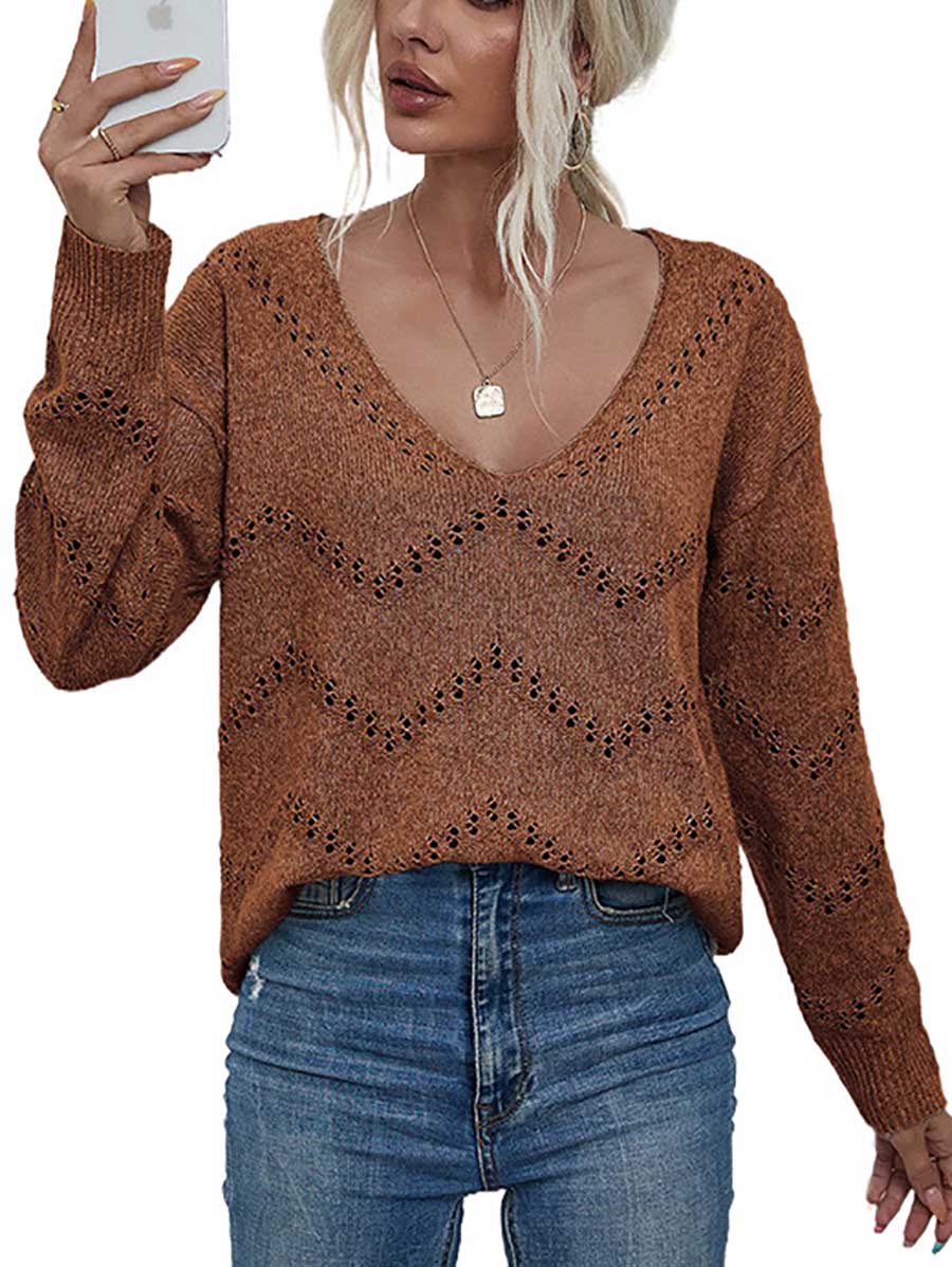 Bellevoga Cutout V-neck Knit Loose Sweater