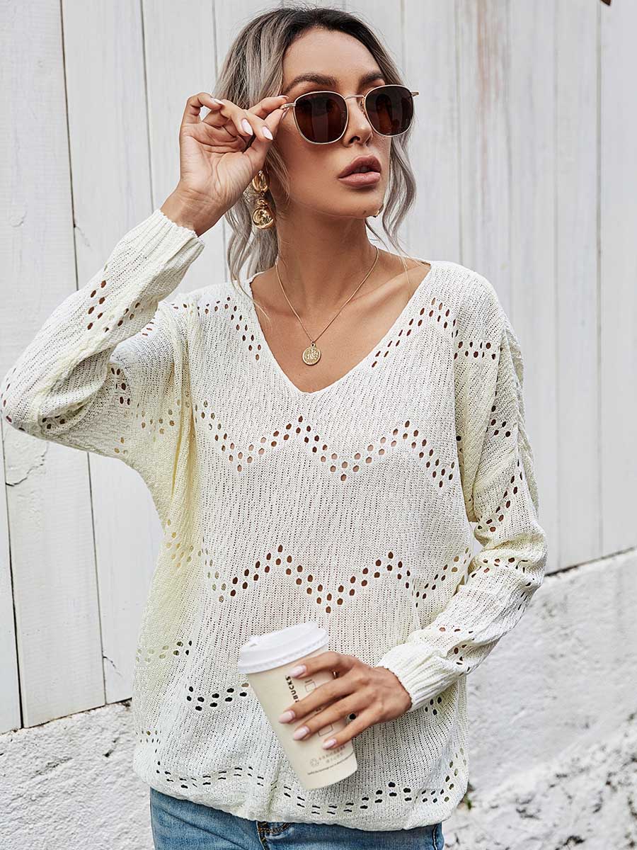 Bellevoga Cutout V-neck Knit Loose Sweater