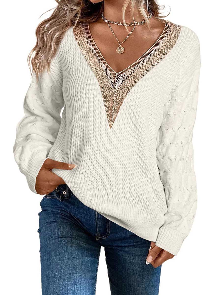 Bellevoga Sexy Lace V-Neck Drop Shoulder Sweater