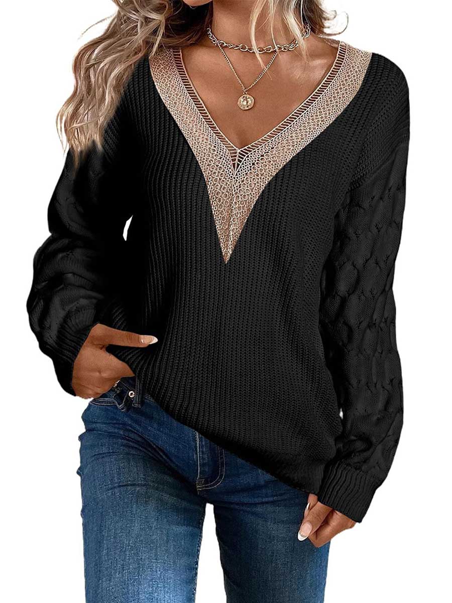 Bellevoga Sexy Lace V-Neck Drop Shoulder Sweater