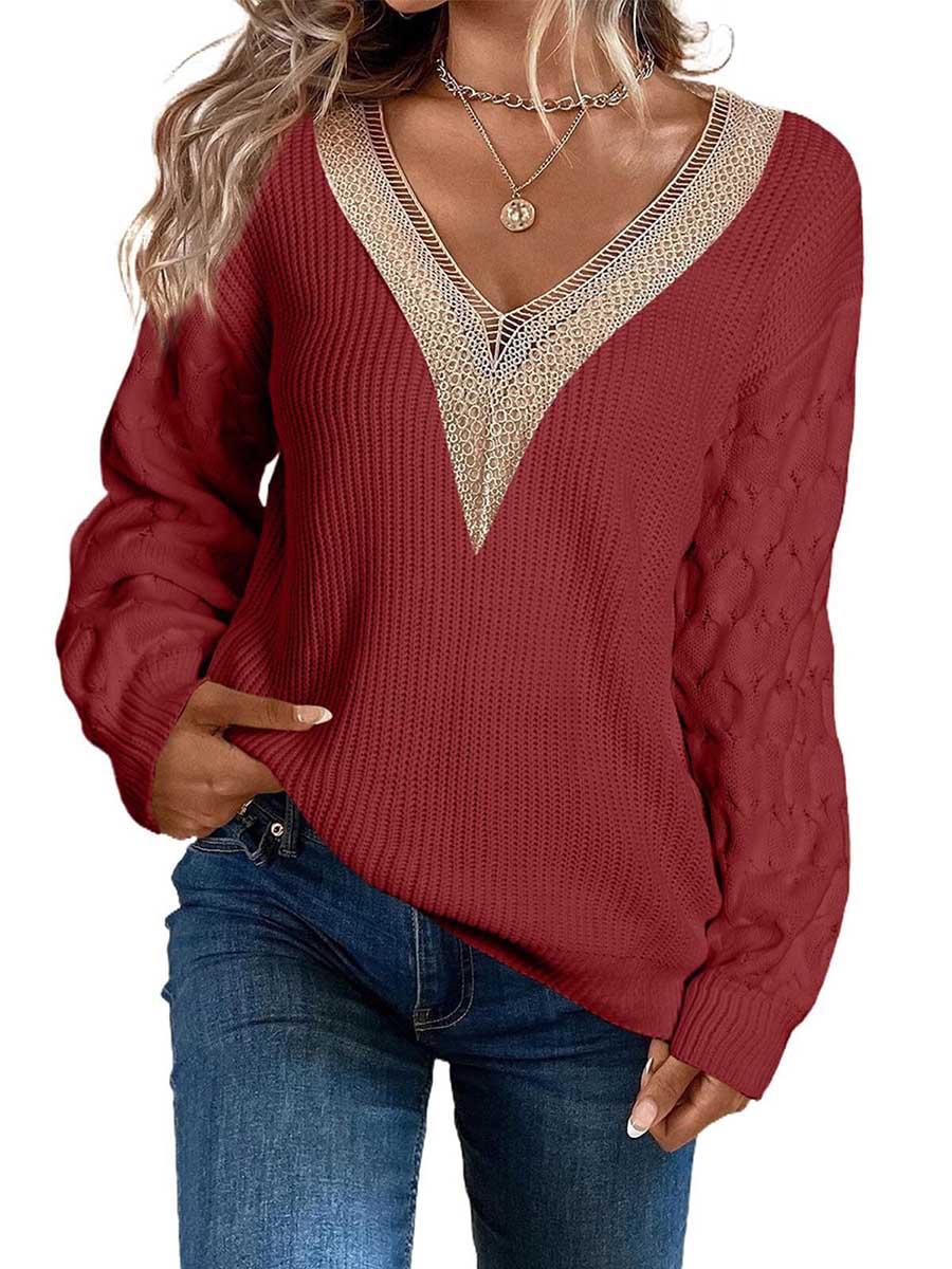 Bellevoga Sexy Lace V-Neck Drop Shoulder Sweater