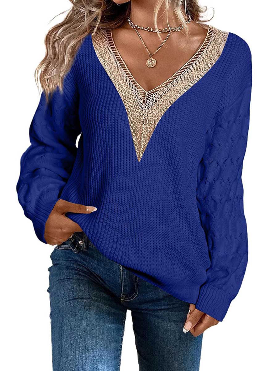 Bellevoga Sexy Lace V-Neck Drop Shoulder Sweater