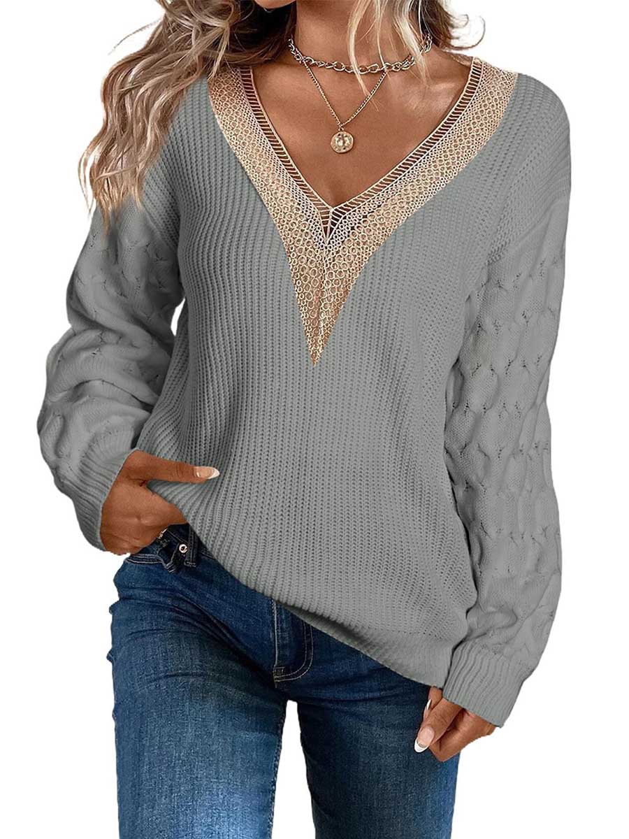 Bellevoga Sexy Lace V-Neck Drop Shoulder Sweater