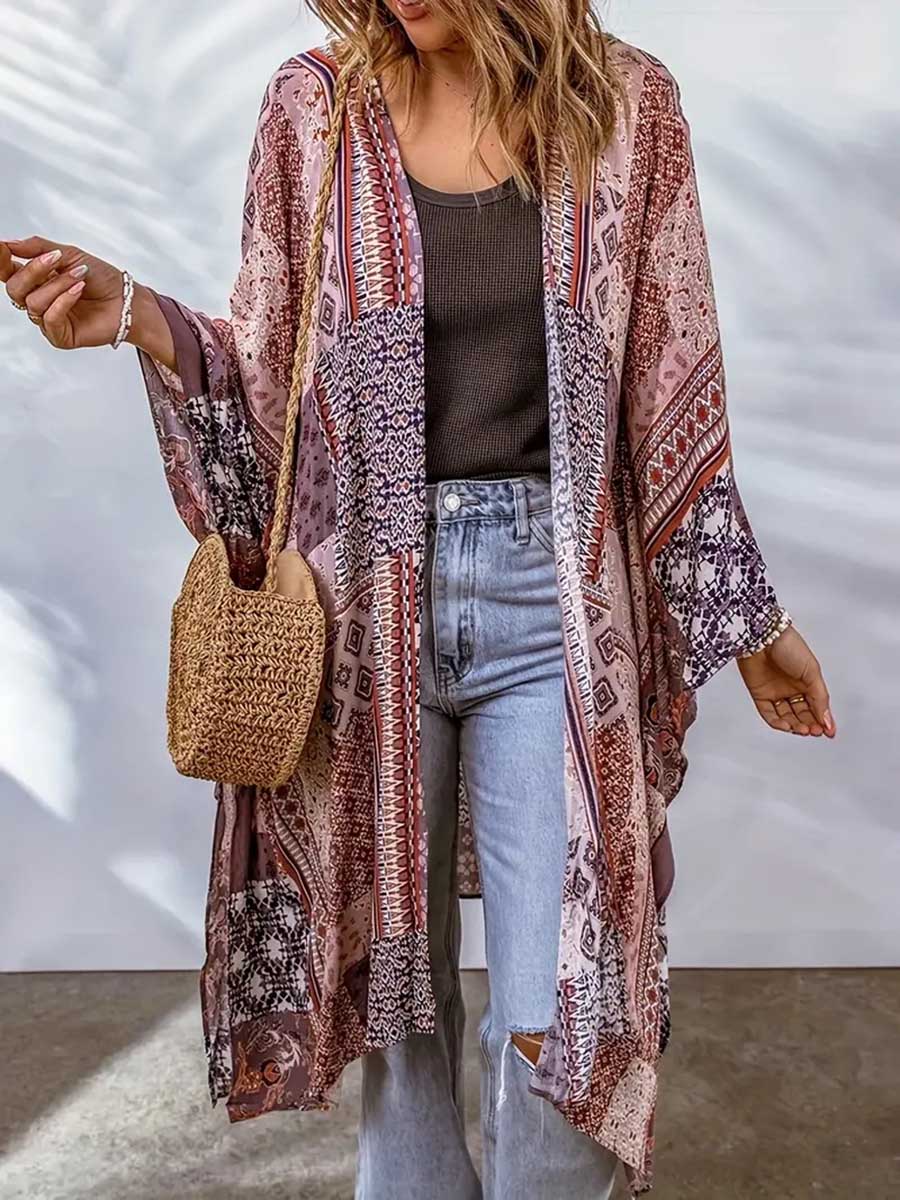 Bellevoga Plus Size Printed Bat Sleeve Cardigan