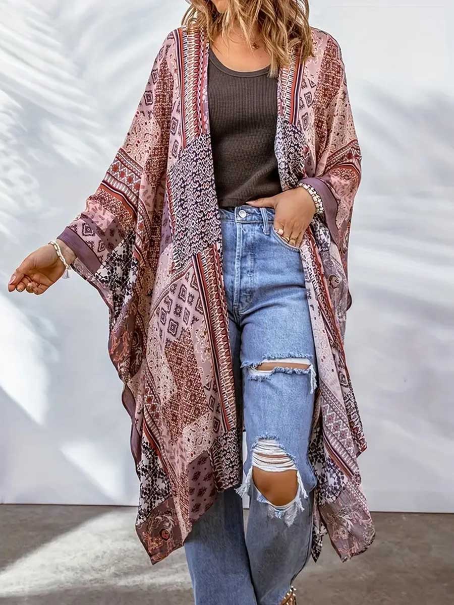 Bellevoga Plus Size Printed Bat Sleeve Cardigan