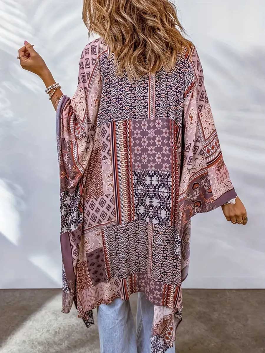 Bellevoga Plus Size Printed Bat Sleeve Cardigan