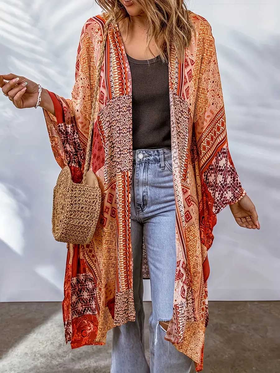 Bellevoga Plus Size Printed Bat Sleeve Cardigan