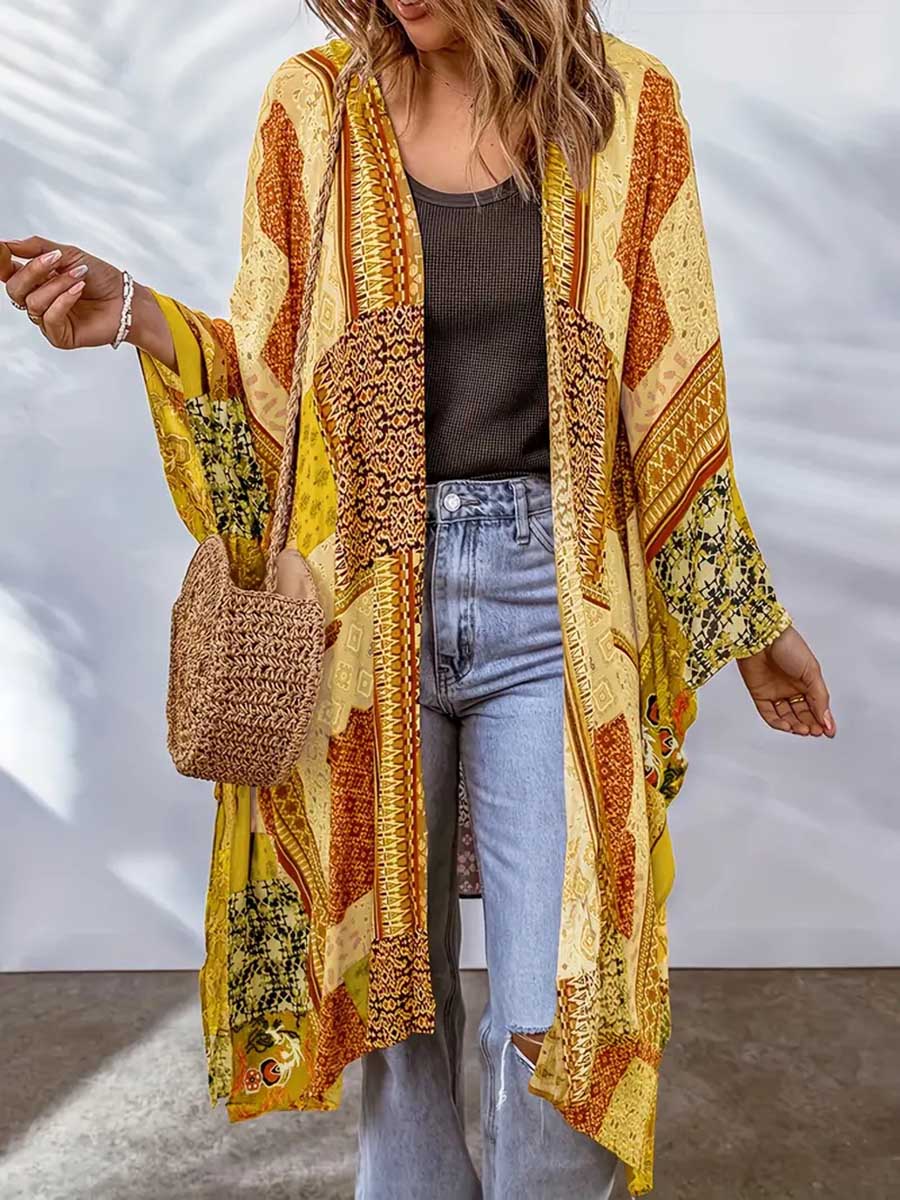 Bellevoga Plus Size Printed Bat Sleeve Cardigan