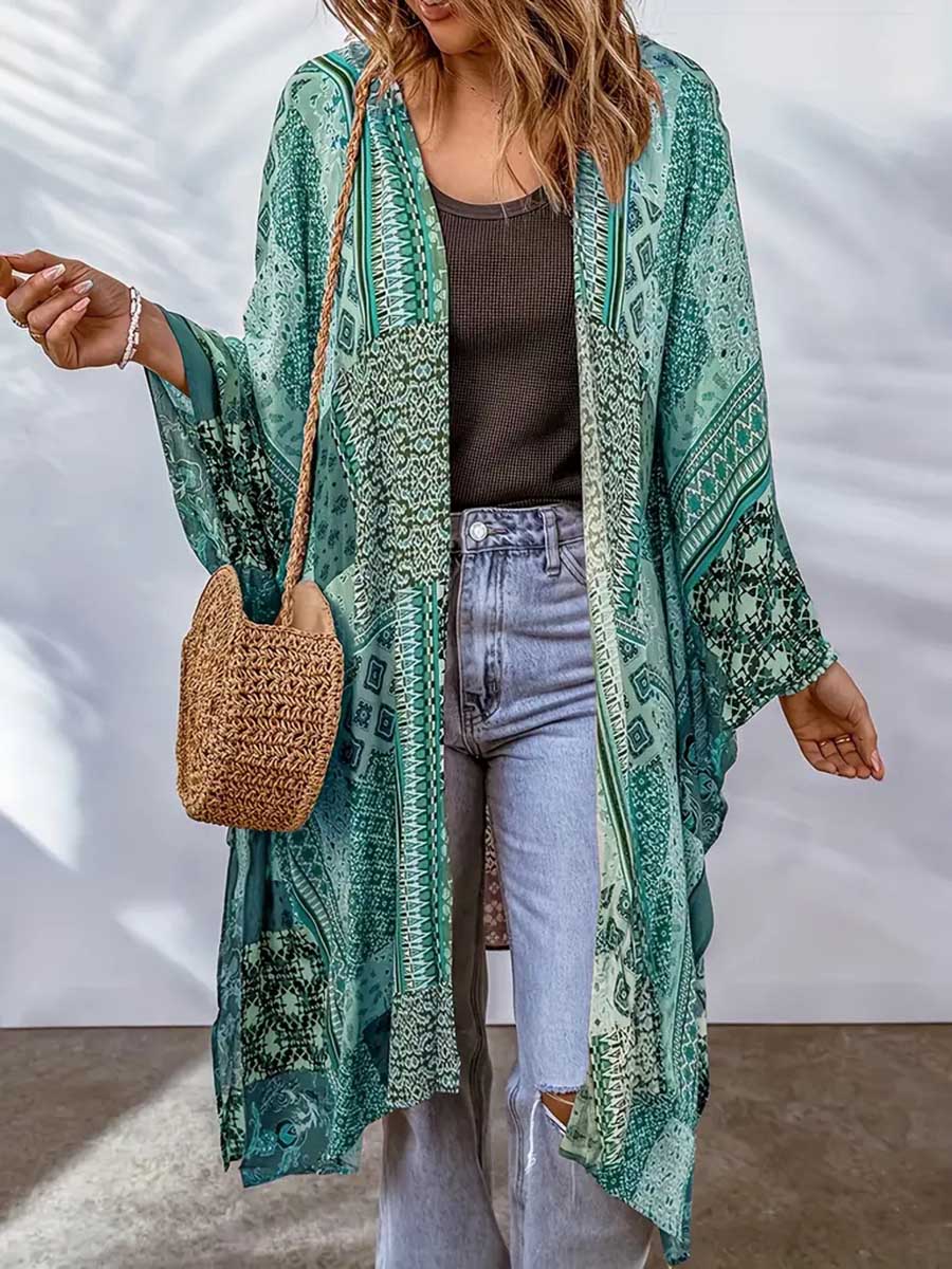 Bellevoga Plus Size Printed Bat Sleeve Cardigan