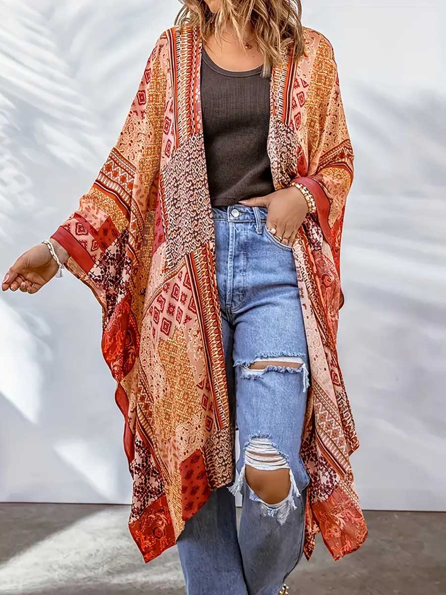 Bellevoga Plus Size Printed Bat Sleeve Cardigan