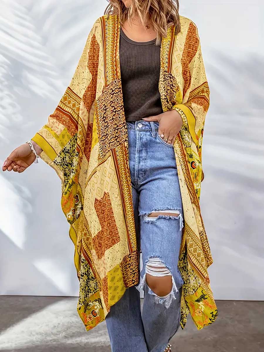 Bellevoga Plus Size Printed Bat Sleeve Cardigan