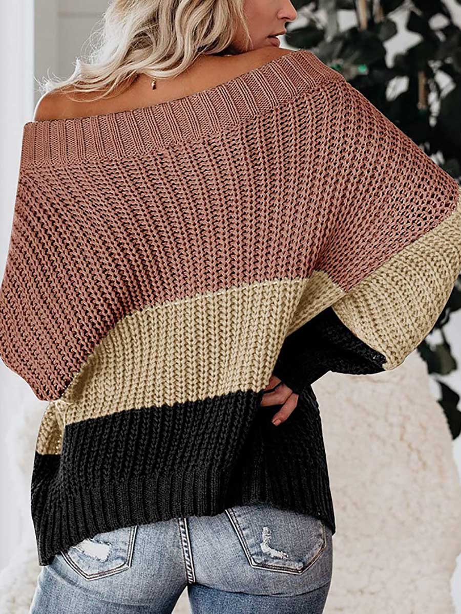 Bellevoga One-line Collar Loose Patchwork Color Sweater