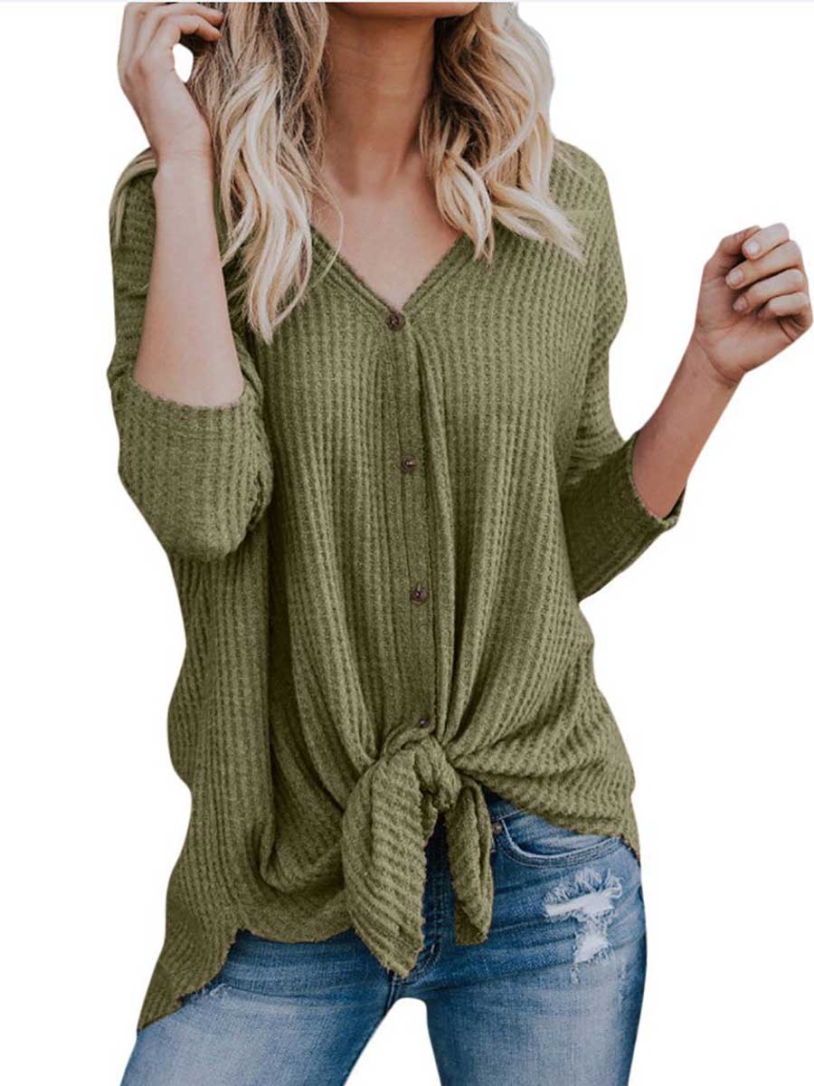 Bellevoga Long Sleeve V-Neck Cardigan T-Shirt Bottom Shirt