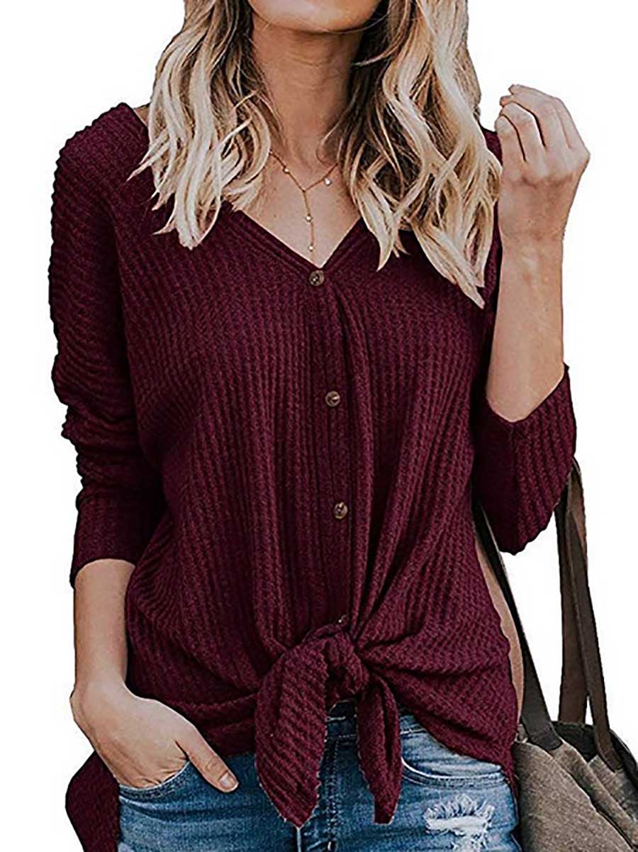 Bellevoga Long Sleeve V-Neck Cardigan T-Shirt Bottom Shirt