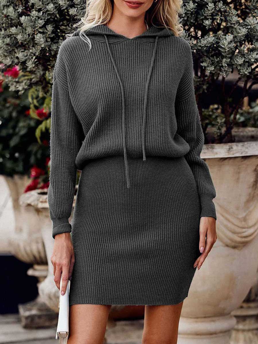 Bellevoga Solid Color Hooded Waisted Knit Wrap Skirt