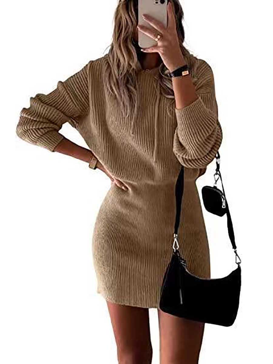 Bellevoga Solid Color Hooded Waisted Knit Wrap Skirt