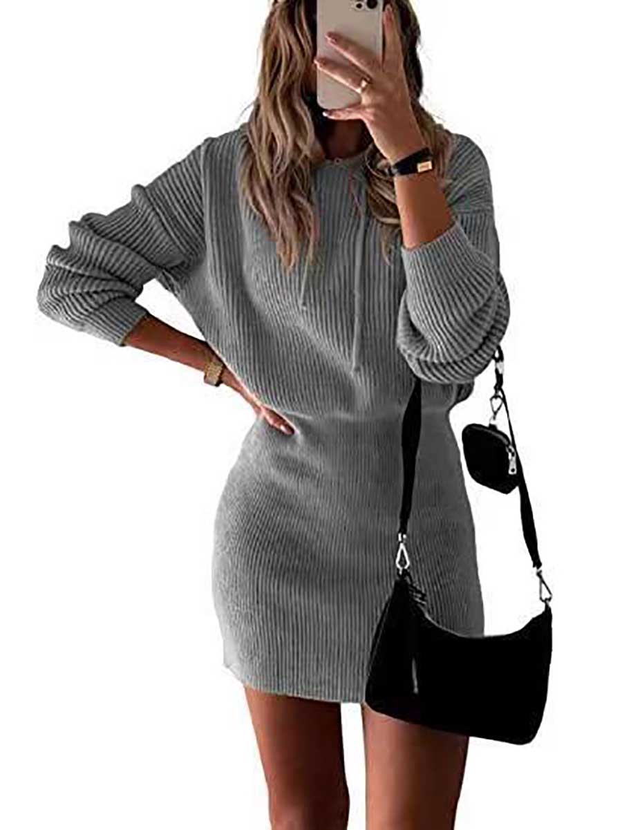 Bellevoga Solid Color Hooded Waisted Knit Wrap Skirt