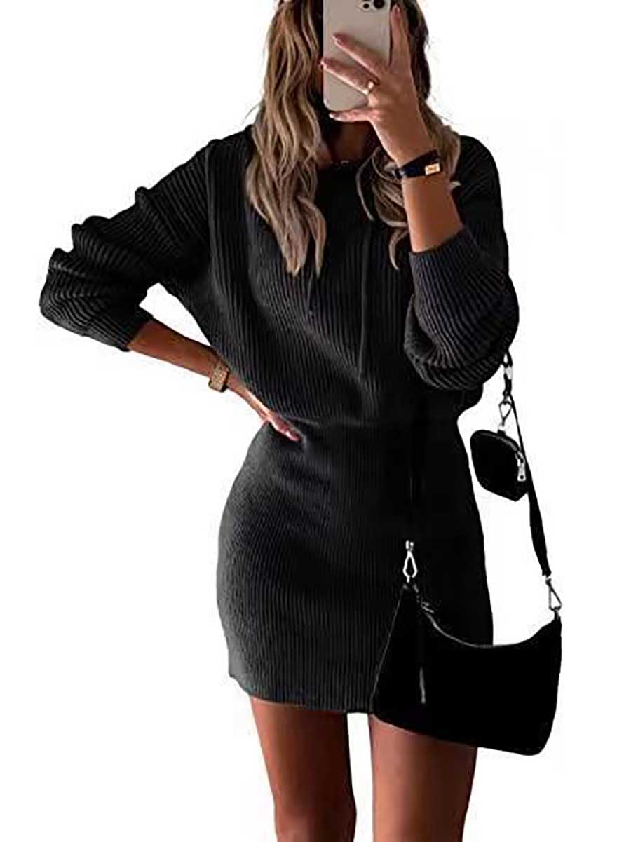 Bellevoga Solid Color Hooded Waisted Knit Wrap Skirt