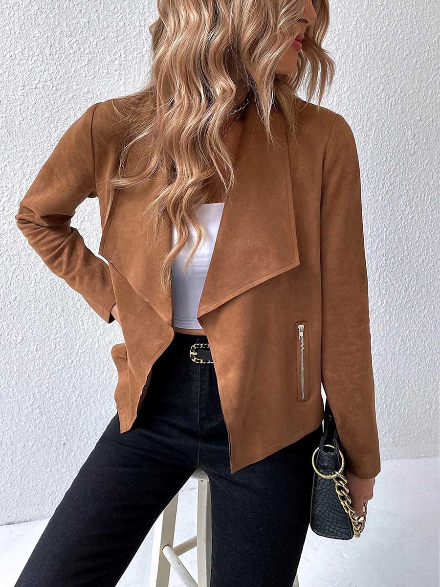 Bellevoga Leather Velvet Lapel Long Sleeve Zipper Jacket