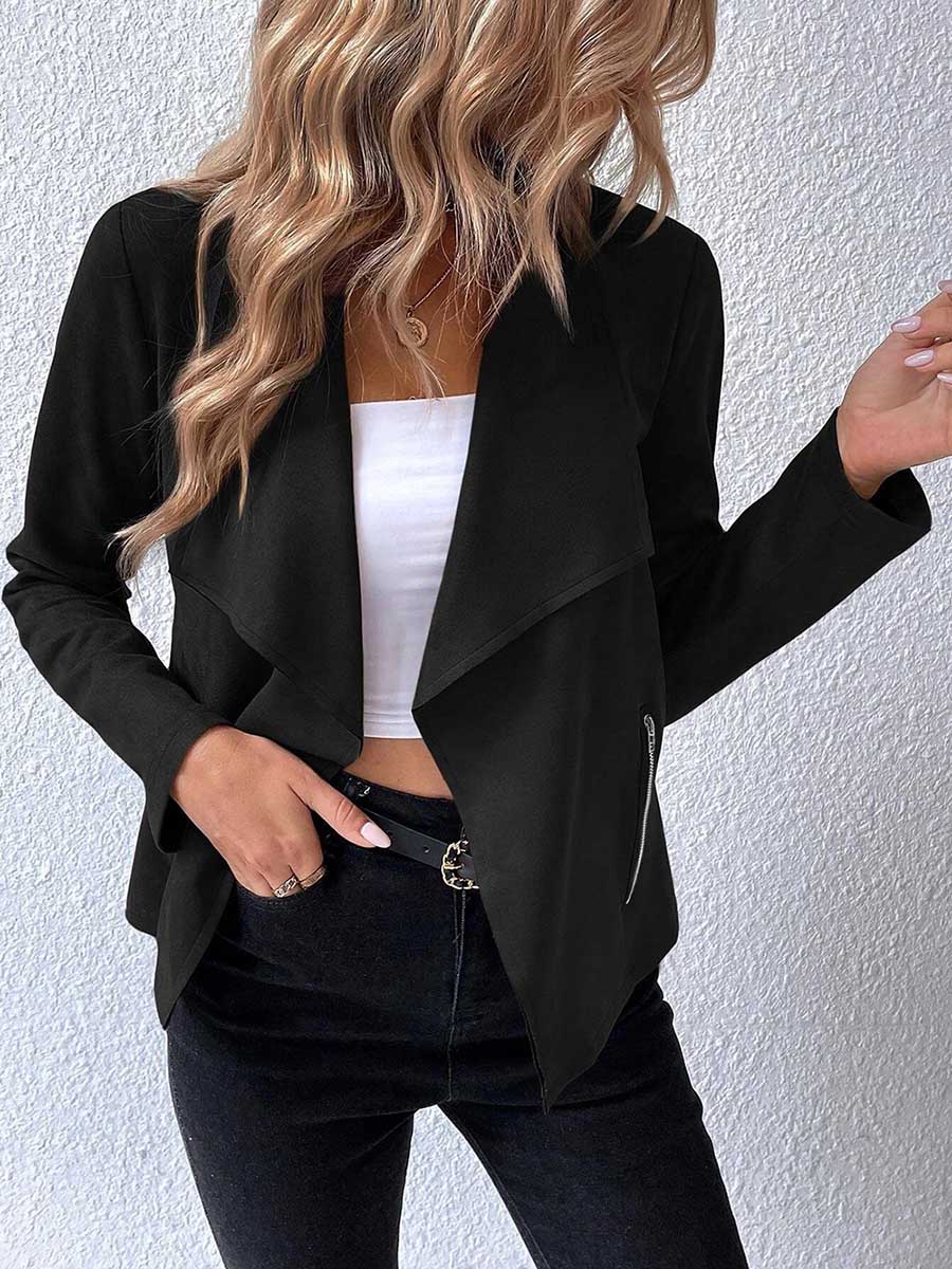 Bellevoga Leather Velvet Lapel Long Sleeve Zipper Jacket