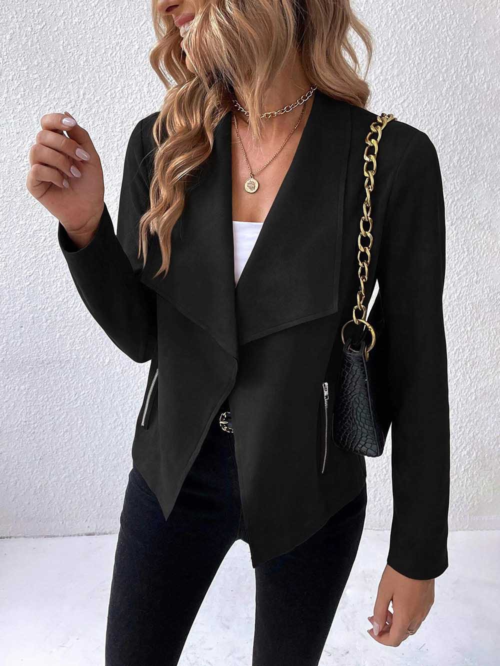 Bellevoga Leather Velvet Lapel Long Sleeve Zipper Jacket