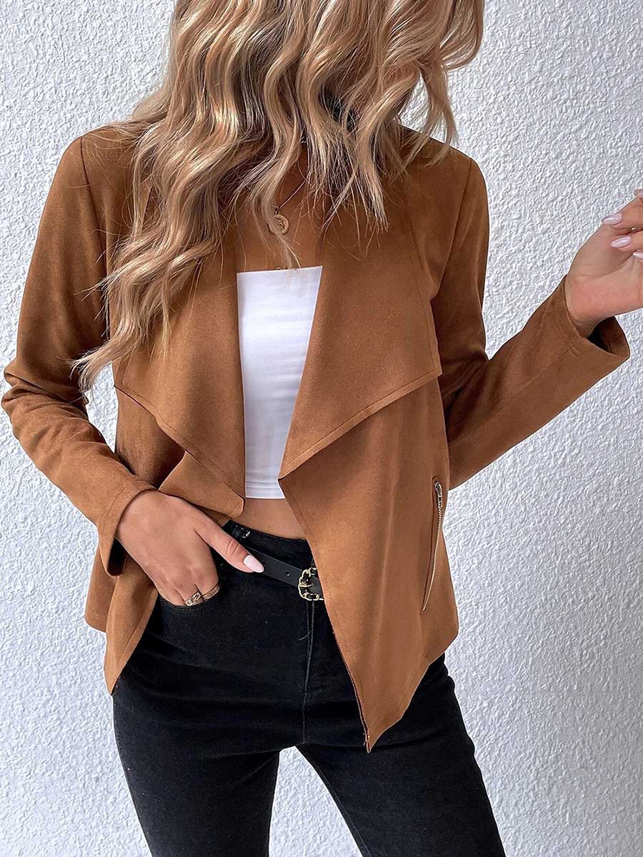 Bellevoga Leather Velvet Lapel Long Sleeve Zipper Jacket