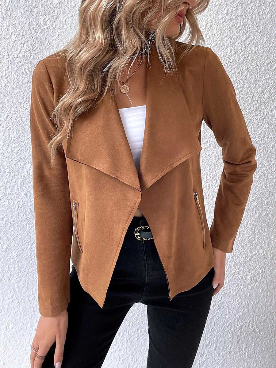 Bellevoga Leather Velvet Lapel Long Sleeve Zipper Jacket