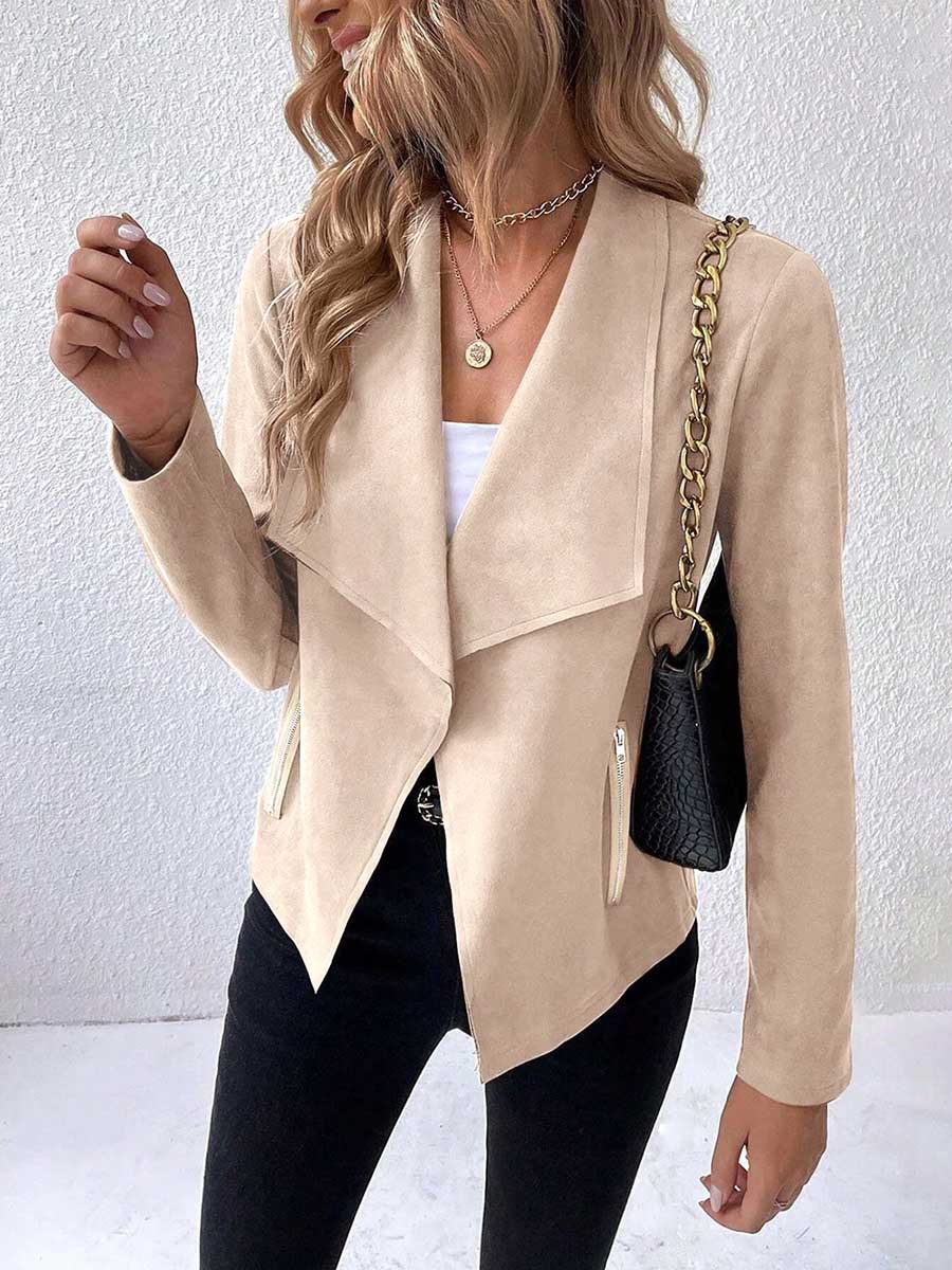 Bellevoga Leather Velvet Lapel Long Sleeve Zipper Jacket