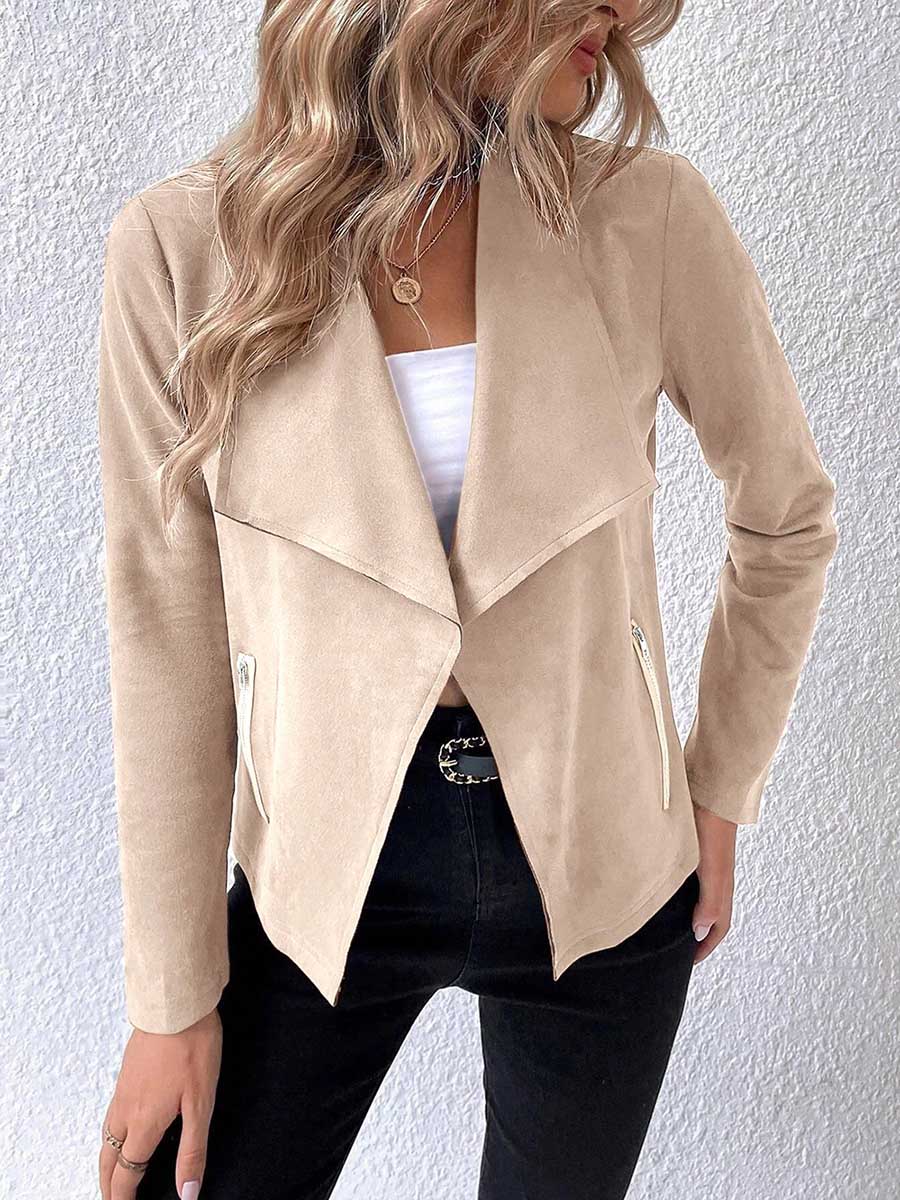 Bellevoga Leather Velvet Lapel Long Sleeve Zipper Jacket