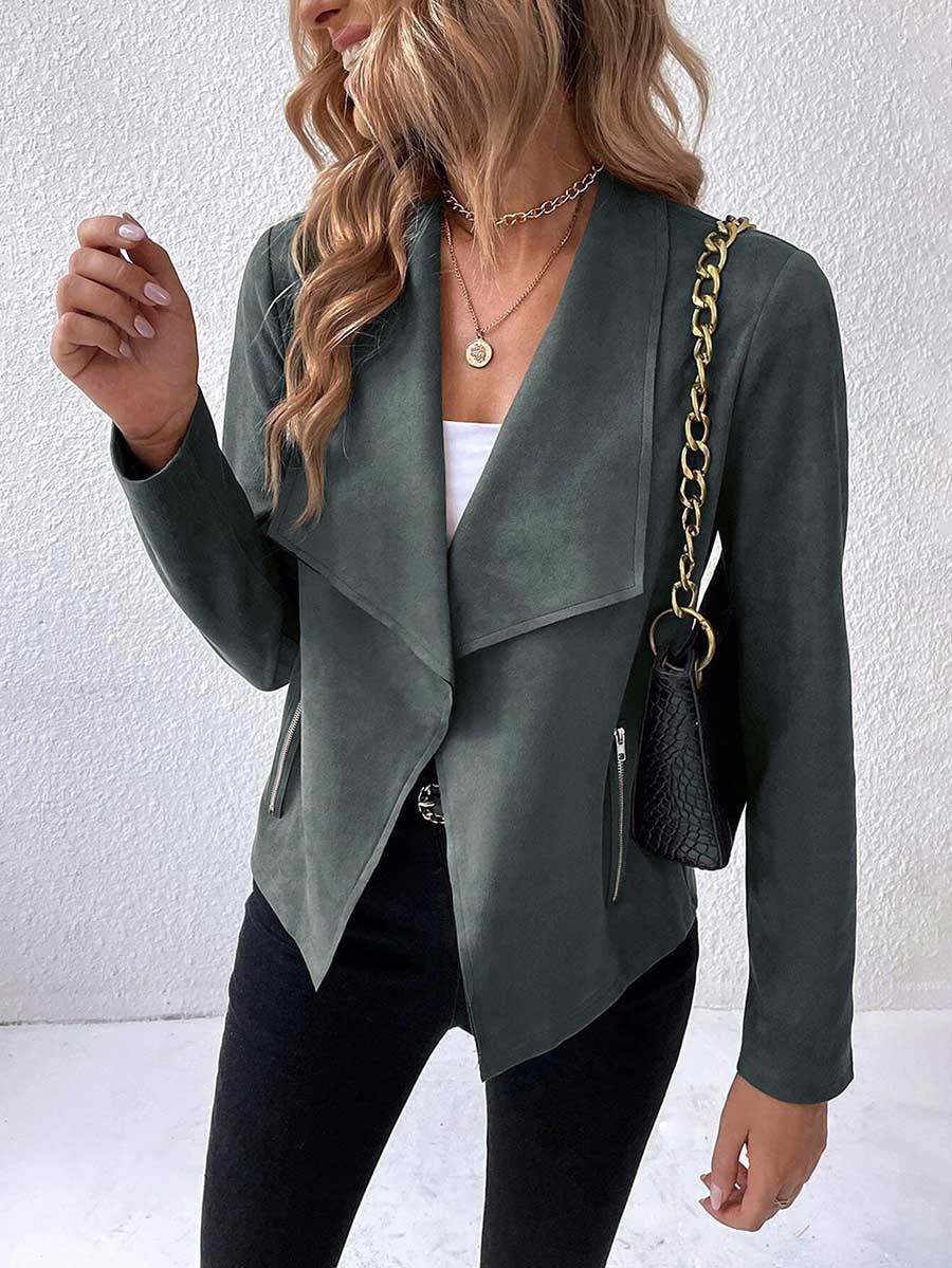 Bellevoga Leather Velvet Lapel Long Sleeve Zipper Jacket