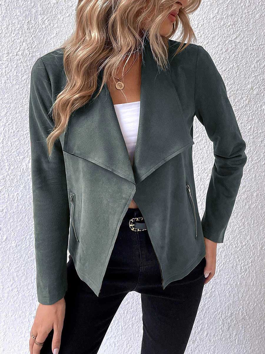 Bellevoga Leather Velvet Lapel Long Sleeve Zipper Jacket