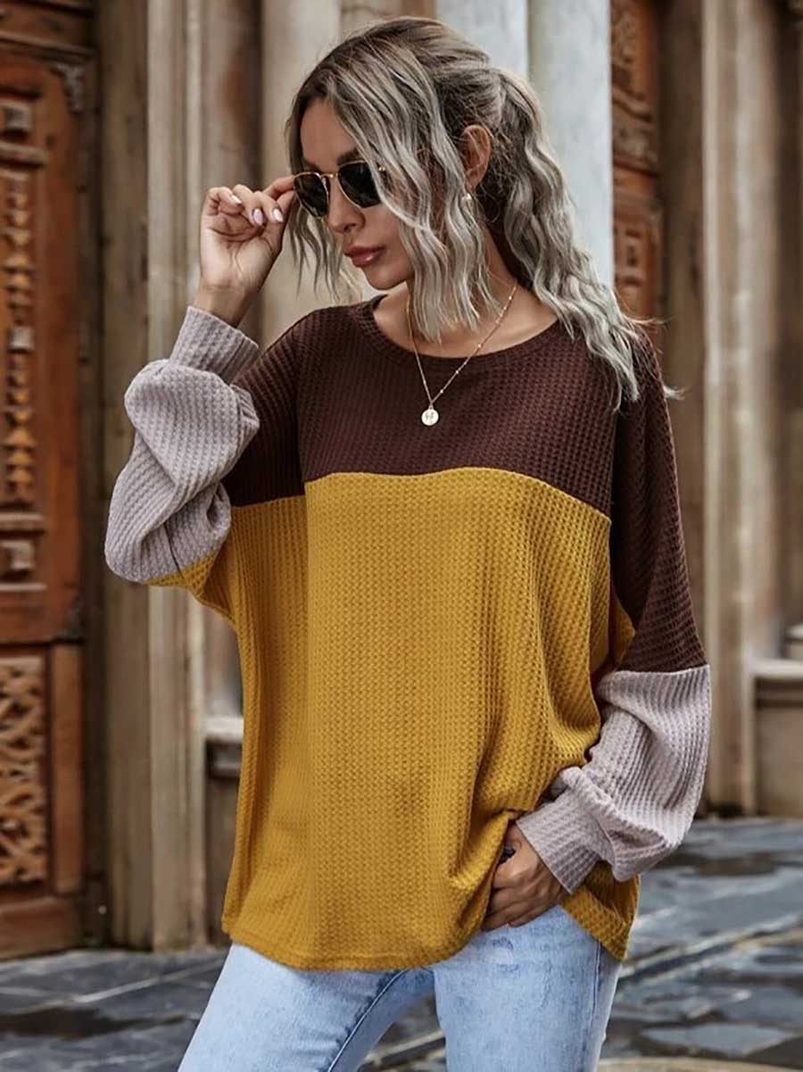 Bellevoga Colorblocked Waffle Long Sleeve Casual Top