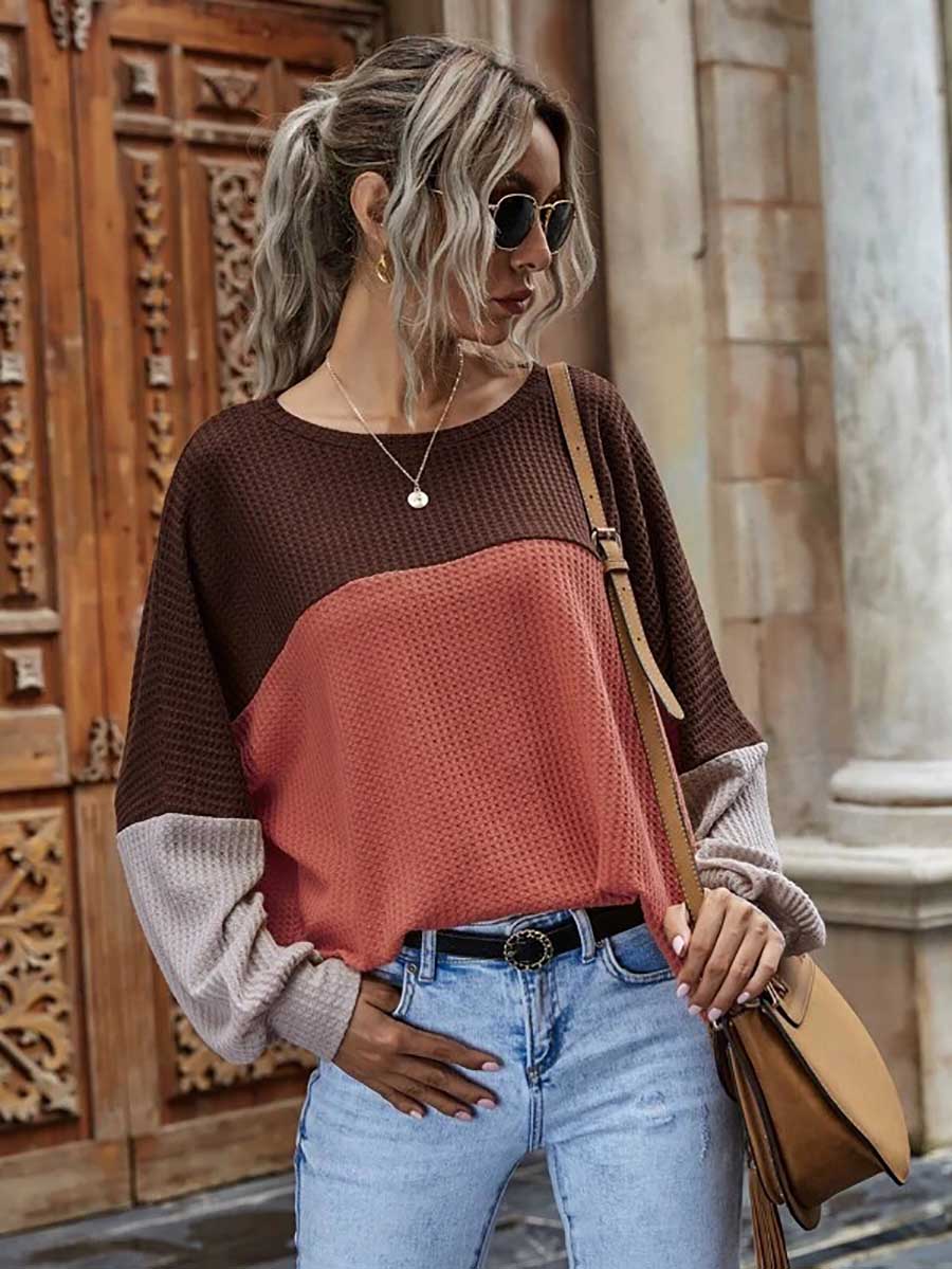 Bellevoga Colorblocked Waffle Long Sleeve Casual Top