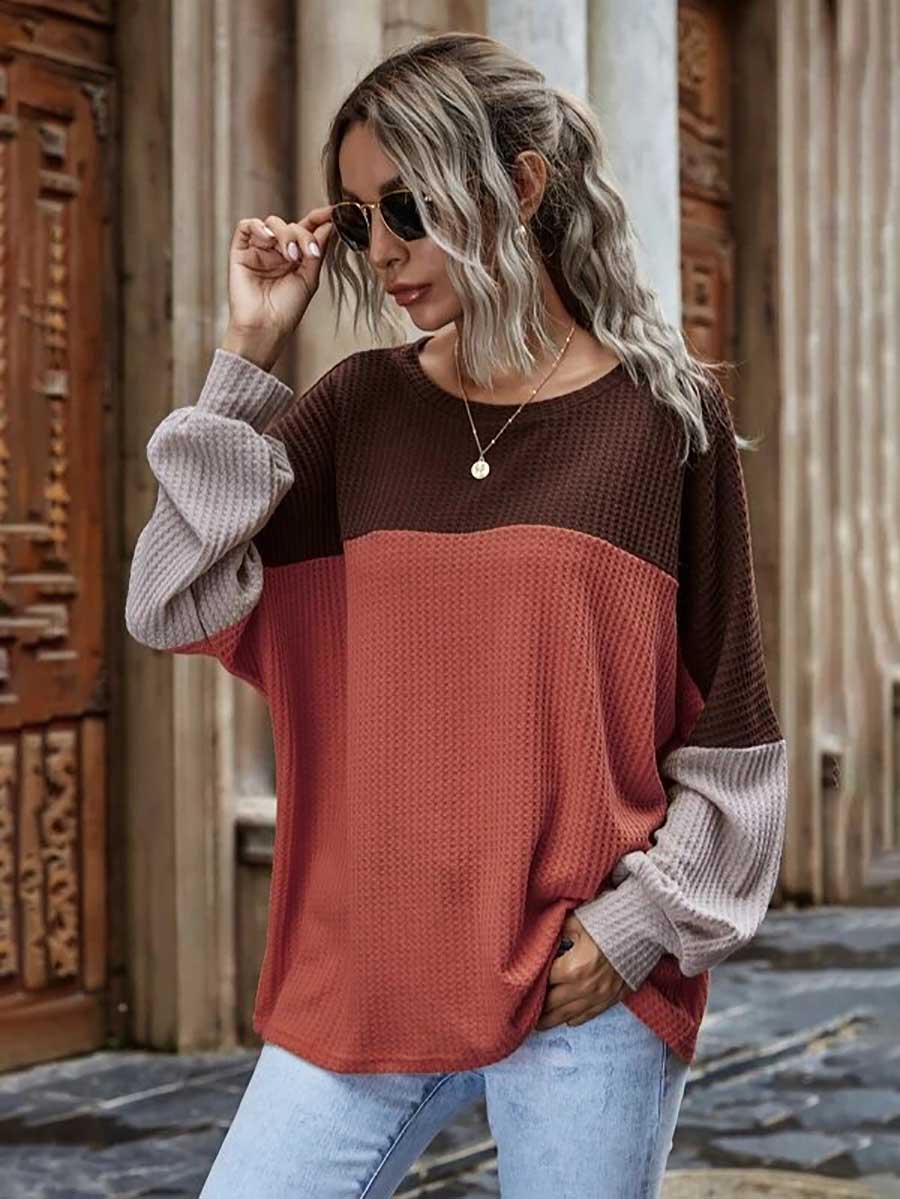 Bellevoga Colorblocked Waffle Long Sleeve Casual Top