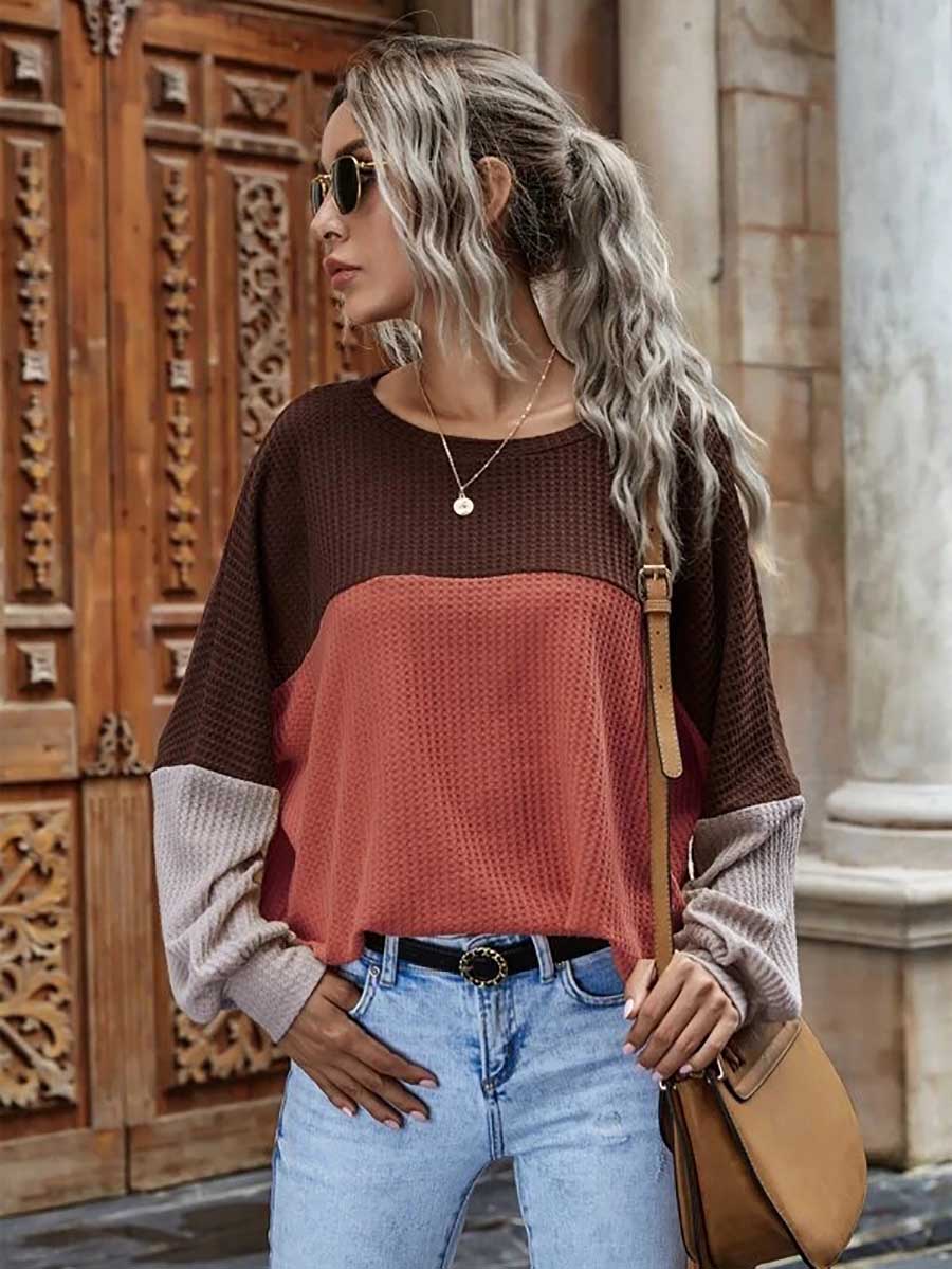 Bellevoga Colorblocked Waffle Long Sleeve Casual Top