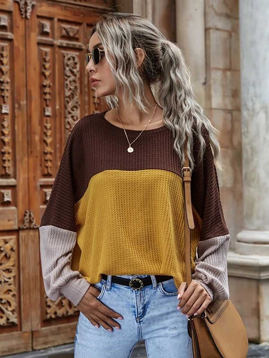 Bellevoga Colorblocked Waffle Long Sleeve Casual Top