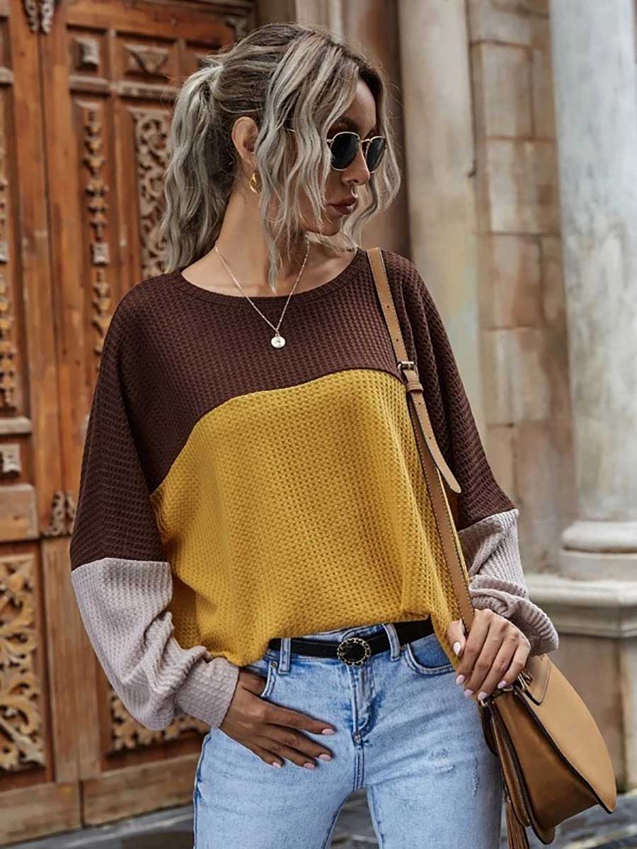 Bellevoga Colorblocked Waffle Long Sleeve Casual Top