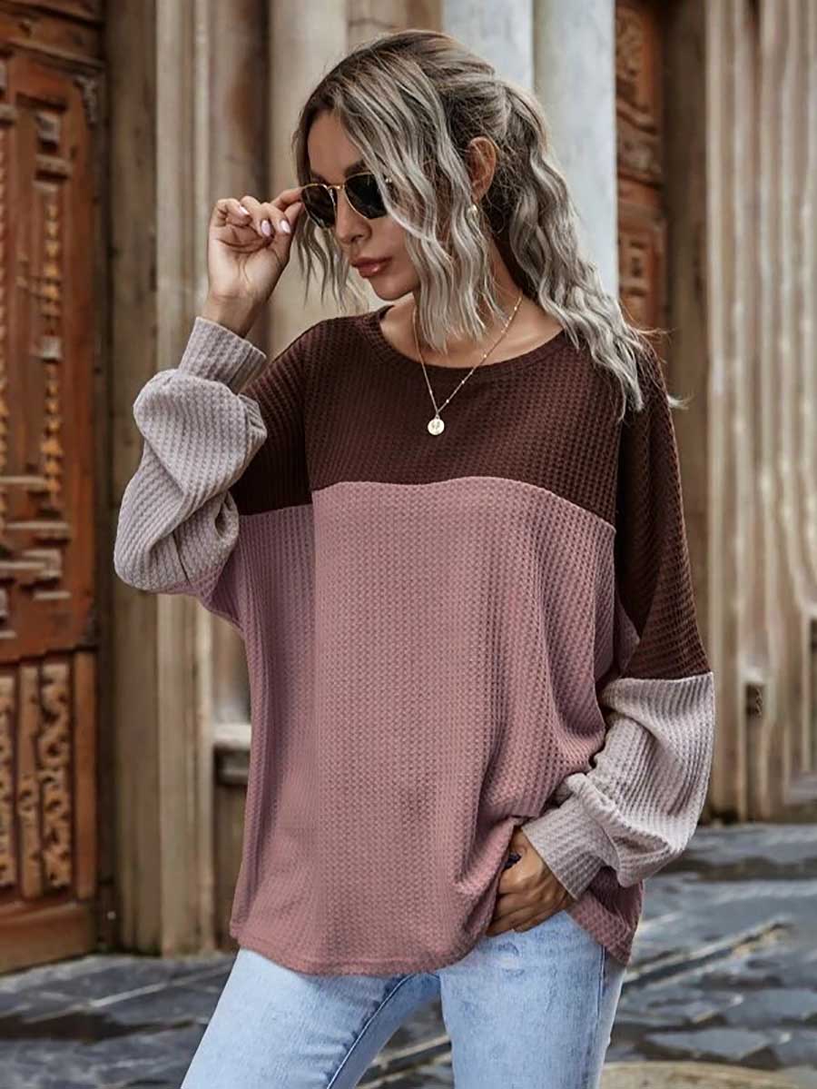 Bellevoga Colorblocked Waffle Long Sleeve Casual Top