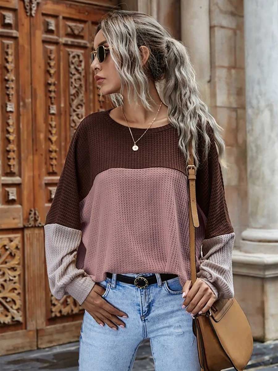 Bellevoga Colorblocked Waffle Long Sleeve Casual Top