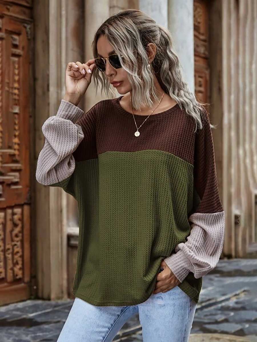 Bellevoga Colorblocked Waffle Long Sleeve Casual Top