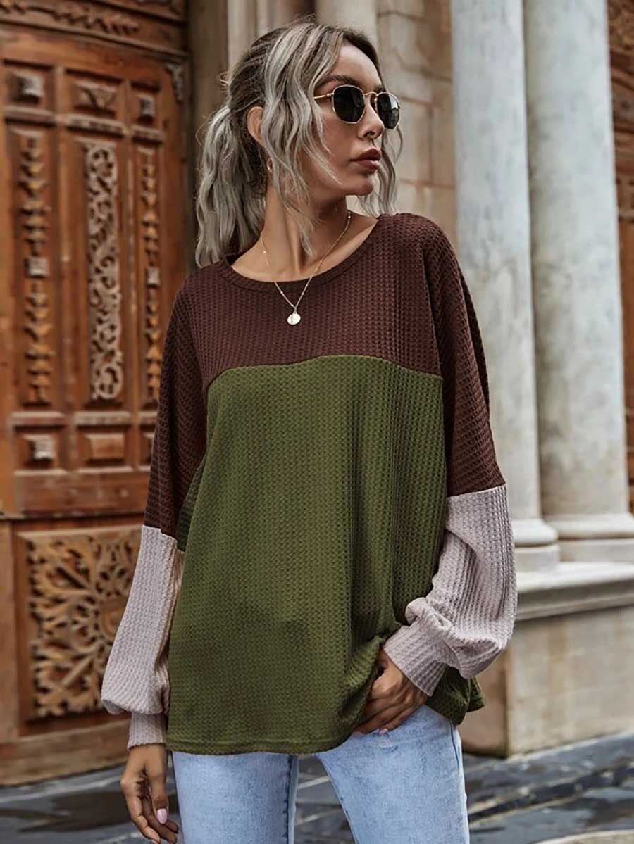 Bellevoga Colorblocked Waffle Long Sleeve Casual Top