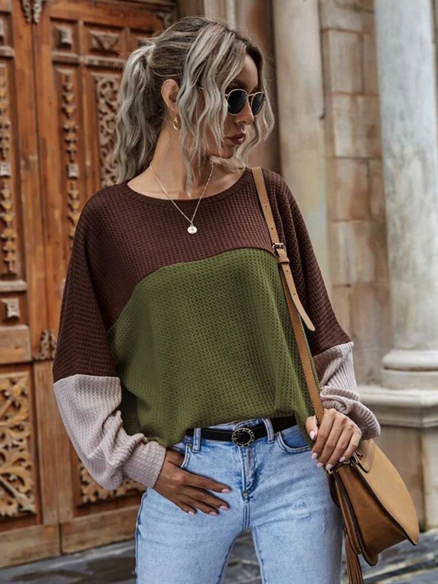 Bellevoga Colorblocked Waffle Long Sleeve Casual Top