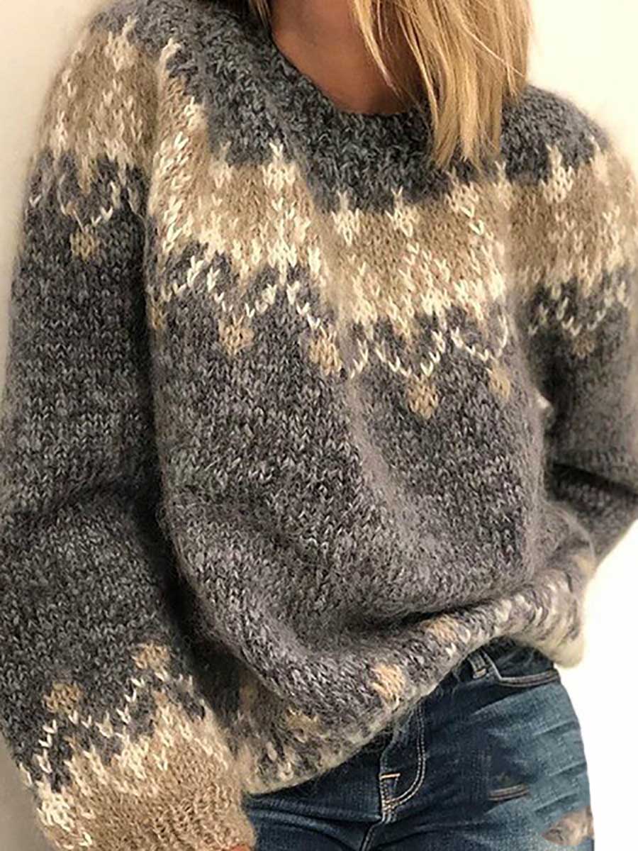 Bellevoga Loose Mohair Chunky Knit Jacquard Sweater