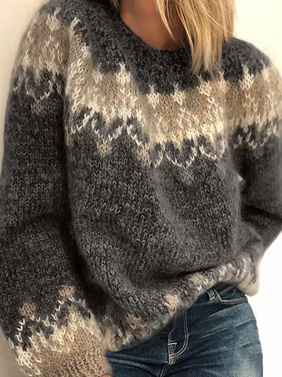 Bellevoga Loose Mohair Chunky Knit Jacquard Sweater