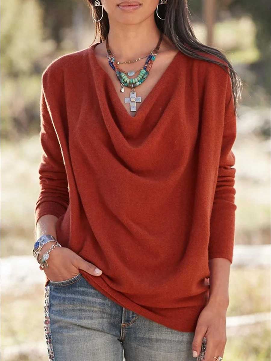 Bellevoga Stacked Neck Solid Color Sweater Sweatshirt